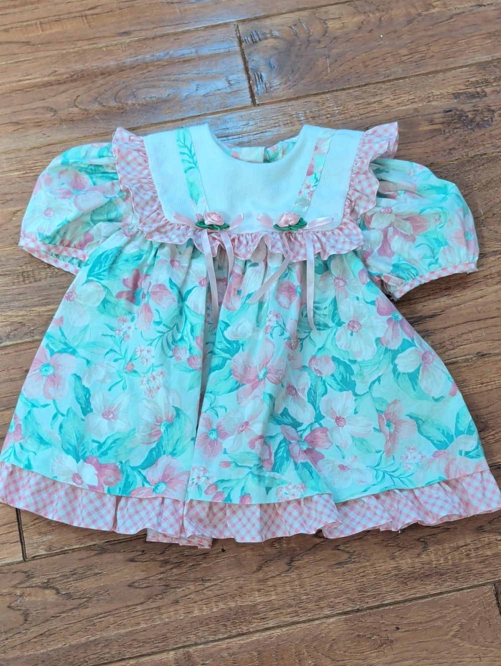 Cambridge Vintage Cottagecore Girls Floral Mint and Pink Ruffle Dress